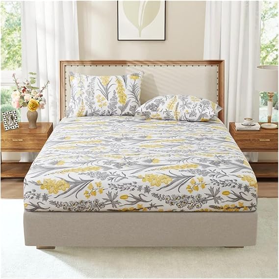 Printed Fitted Sheet Leaf Fitted Sheet Spring Branches and Leaves Bed Set Microfiber Farmhouse Deep Pocket Cover Twin(6,180x200x35cm 3pcs)