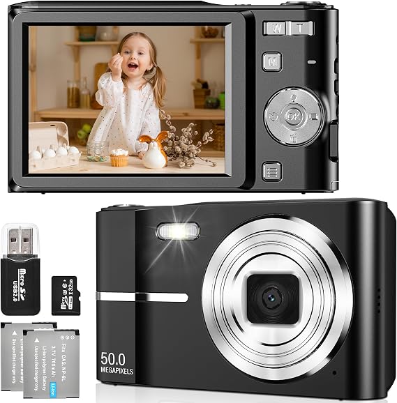 Digital Camera 50MP 1080P FHD Photo Camera with Auto Focus 16X Digital Zoom Camera Portable Compact Camera with 32GB SD Card for Children Teenagers Beginners Gift (Black)
