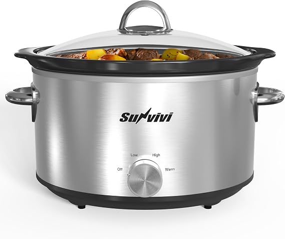 4QT Slow Cooker, Small Crock with 3 Heating Settings & Removable Ceramic Pot, Mini Food Warmer with Dishwasher Safe Glass Lid & Crock, Stainless Steel, Silver