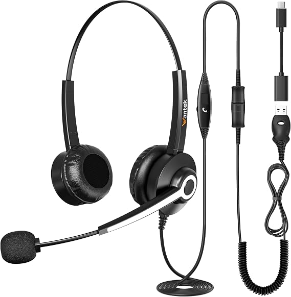 Wantek USB Headset with Microphone for PC Laptop Office USB Plug Type-C Adapter for Call Center Online Conferences Teams Meeting Skype Zoom Home