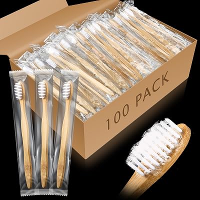 Sliner 100 Packs Prepasted Disposable Toothbrush Bamboo Prepasted Individually Wrapped Pre Pasted Toothbrush with Bamboo Handles Homeless Gift Set for The Homeless Classic Color