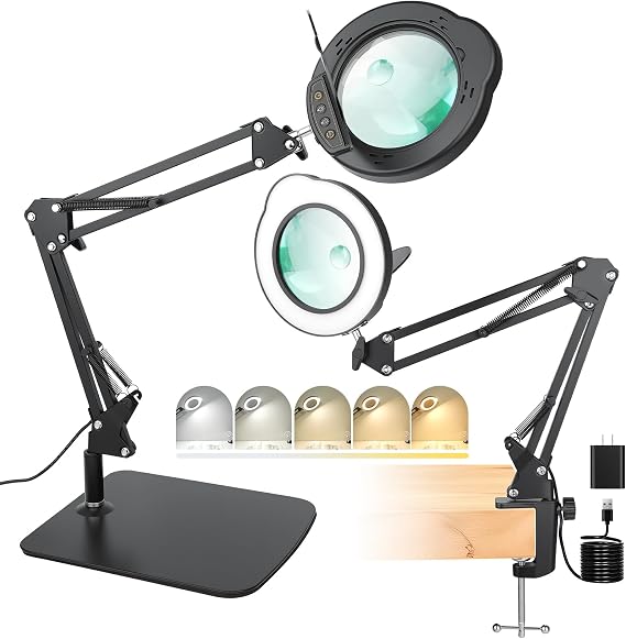 15X 30X Magnifying Glass with Light and Stand, LED Desk Lamp with Base and Clamp, 5 Color Mode, 10 Dimmable Levels, Hands-Free Magnifying Glasses for Reading, Close Work, Crafts, Jewelry