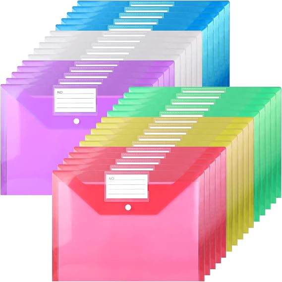 Plastic Wallets - A4 Plastic Folder Popper Wallets A4 Document Wallet with Label Pocket- 30PCS