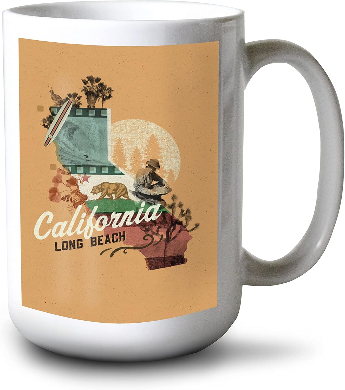 Long Beach, California, State Photomontage, State Series, Contour 15oz White Ceramic Coffee and Tea Mug, Dishwasher and Microwave Safe
