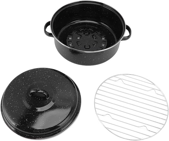 Roasting Pan with Lid, Household Non Stick BBQ Pot Roast Pan with Lid, Covered Round Roaster, Black Speckled Finish Enamel Roaster Pot for Turkey Chicken Meat & Vegetables(26cm/10.2in-Iron Cover)