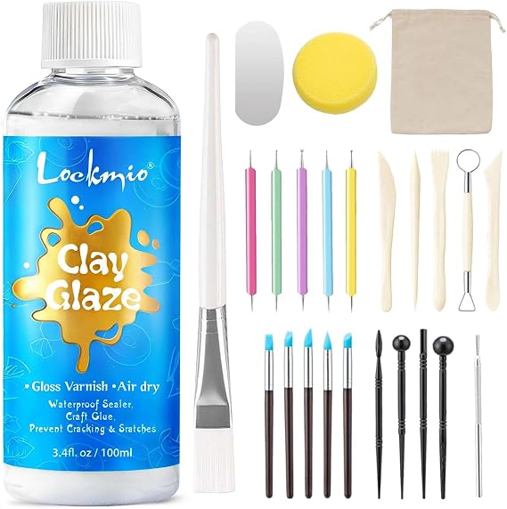 3.4FL OZ Air Dry Clay Glaze & 25pcs Tool Kit, Gloss Clay Varnish Protective Sealant to Prevent Cracking, Scratching & Wear - Pottery Tools for Stippling, Carving, Molding & Shaping Clay Crafts (Gloss)