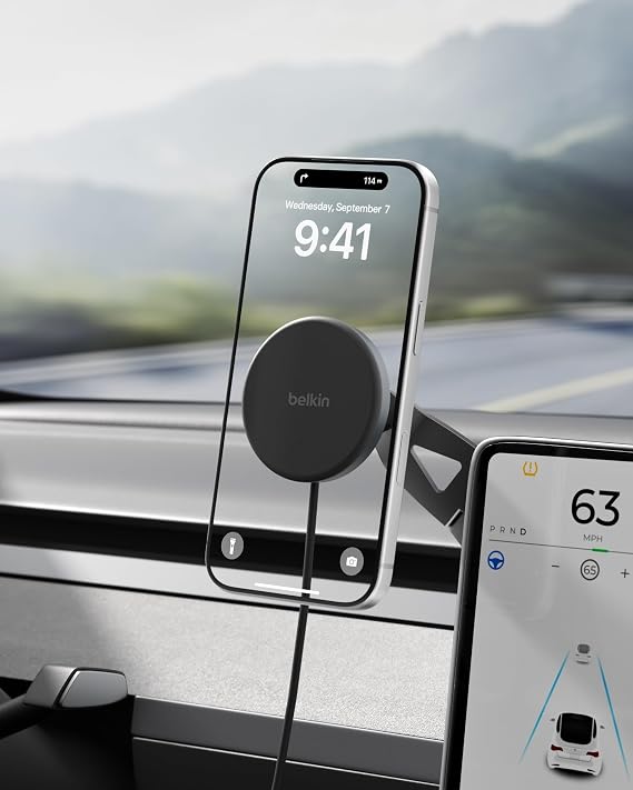 Belkin Tesla Phone Mount, Magnetic Wireless Car Mount for EV Strong Magnet w 3.3ft USB C Cable, Qi2 MagSafe Compatible Fast Charging for iPhone 171615, Model 3, Model Y, etc. - Tesla Accessories