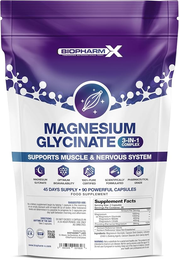 Magnesium Glycinate Capsules - High Absorption Magnesium for Sleep, Relaxation & Muscle Support - Gentle on Stomach Chelated Formula – Energy & Nervous System Support