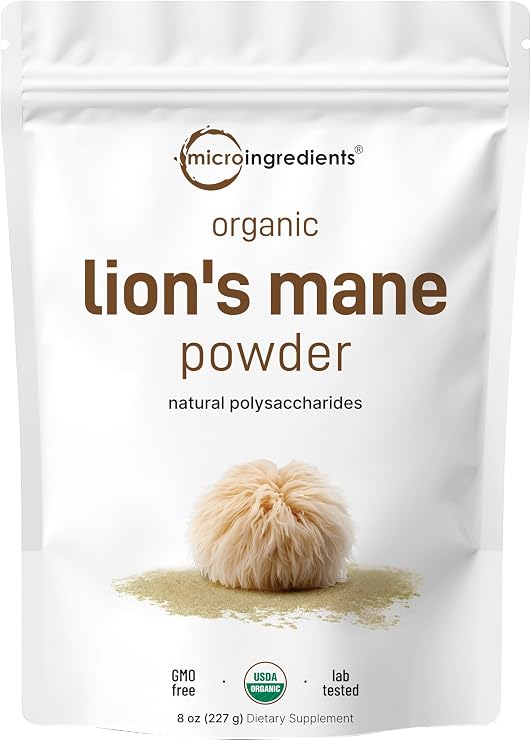Micro Ingredients Organic Lions Mane Mushroom Powder, 8oz | Pure Fruiting Body Superfood | Supports Brain, Focus, Energy & Immune Health | Great for Smoothies & Coffee | Filler Free, Vegan, Non-GMO