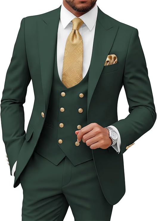 Wangyue Men Suits 3 Piece Double Breasted Suit Men Slim Fit Tuxedo Suits Green and Gold S