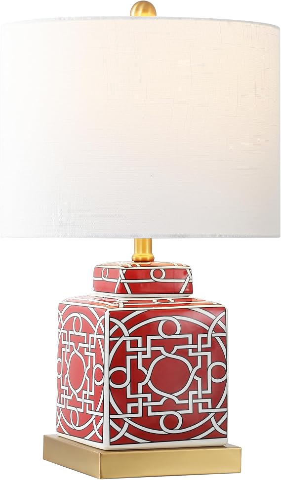 JONATHAN Y Catherine 22" Square Ceramic Ginger Jar Lamp, Red/White | Modern Transitional Lattice Pattern, Chinoiserie Style, Linen Drum Shade, Brass Gold Finish, LED Bulb Included