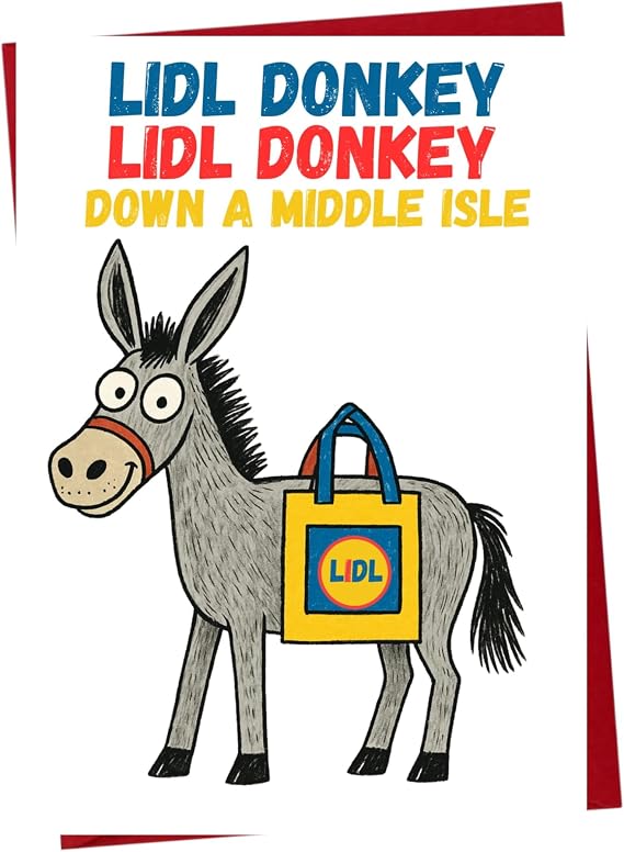 Funny Lid'l Donkey Christmas Card – Cheeky Middle Aisle Xmas Card for Him Her Friends Colleagues XMJBS15