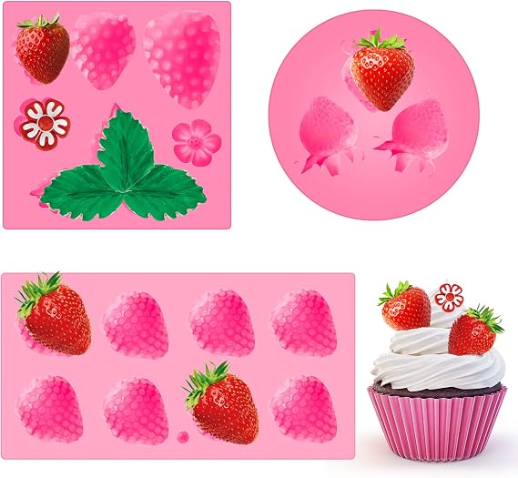 Cunhill 3 Pcs 3D Strawberry Silicone Chocolate Mold | Strawberry Baking Mold Fruit Fondant Handmade Candy Jelly Bakeware for Pan Cake Kid Cupcake Soap Clay Resin Wax Making
