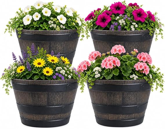 Gardenised 4-Piece Round Half Barrel Flower Pots Rustic Farmhouse Style Faux Wood Planter Containers for Indoor & Outdoor Use Perfect for Displaying Decorative Garden Florals Herbs & Succulents
