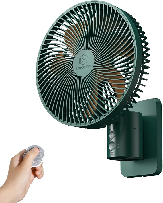 LEMOISTAR 8 Inch Small Wall Mounted Fan with Remote Control, 90 Oscillating, 4 Speeds High Velocity, Timer, Adjustable Tilt, 70 Inch Cord, Quiet, for RV Bedroom Home Office Garage-Green&Orange