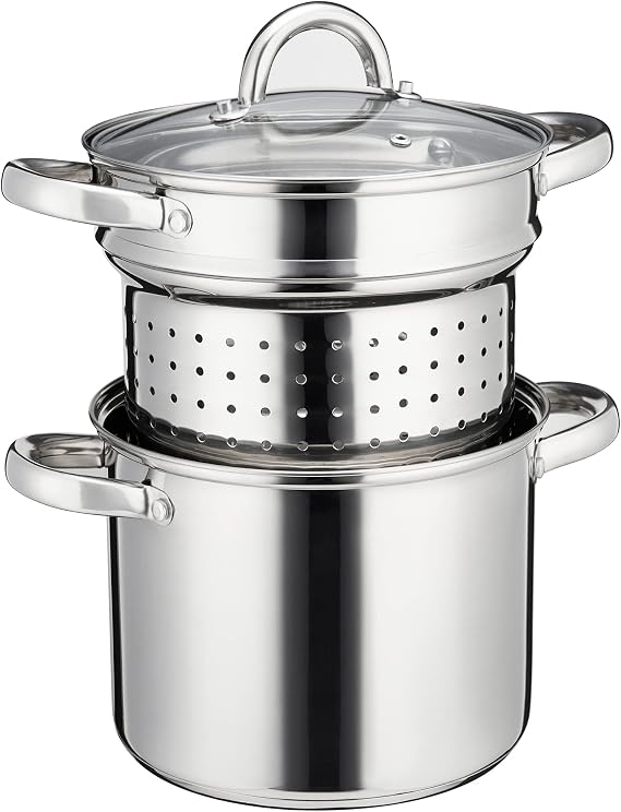 Cooks Professional Stainless Steel Pasta Pot l 5 Litre Stockpot with Glass Lid & Removable Strainer Insert | Thick Induction Base | Suitable for All Hob Types