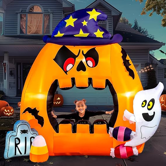 Joiedomi Halloween Inflatable Photo Booth with Ghost Grave and Candy Inflatable Items with Built in LEDs for Halloween Party Indoor Outdoor Yard Garden Lawn Decorations