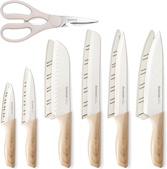 Astercook Knife Set, 13 Pieces Kitchen Knives Set with Ceramic Coating, Stainless Steel Chef Knife Sets with 6 Blade Guards, Dishwasher Safe Knives with Wood Grain Handle, Elegant White