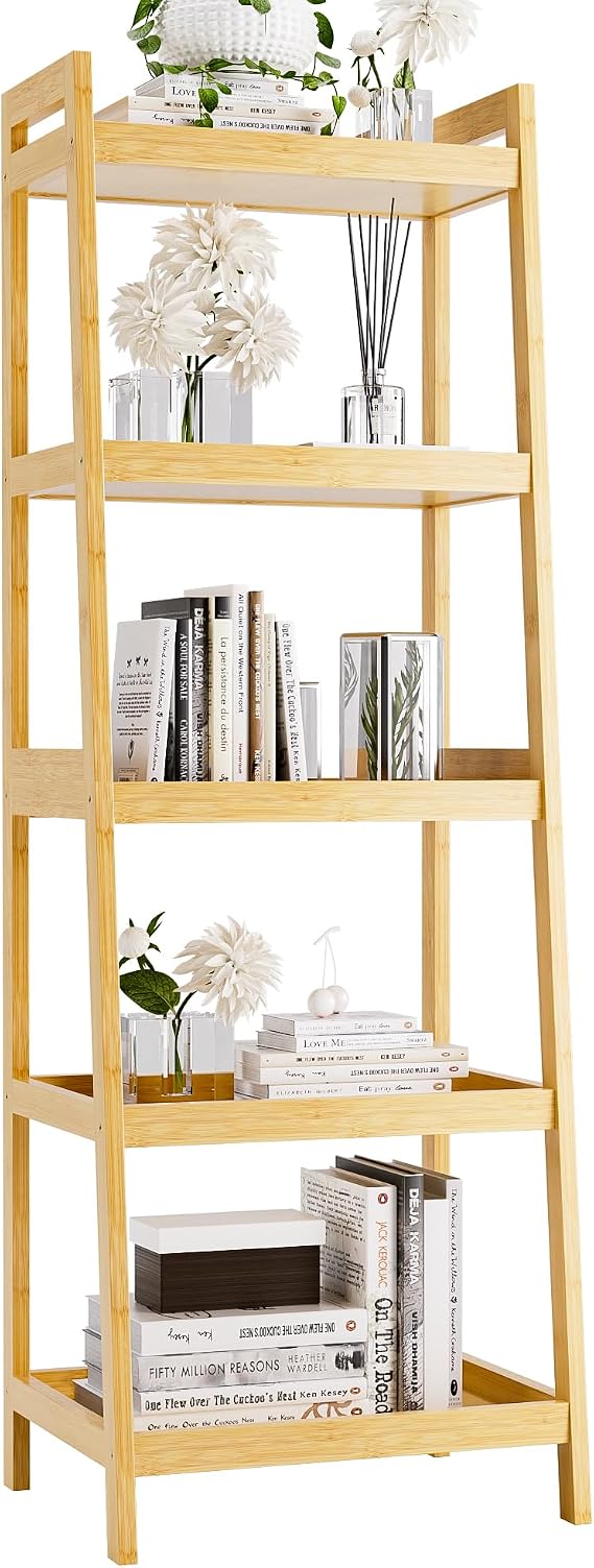 Bookcase 5-Tier Ladder Bookcase with Bamboo Frame Freestanding Tall Narrow Display Plant Rack for Living Room Kitchen Bedroom Balcony Nature
