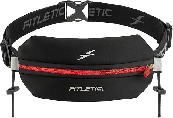 Fitletic Neo Race Belt, Black & Red | Unique No Bounce Design for Marathon, Triathlon, Trail, 5k, 10k | Running Belt | N01R-02