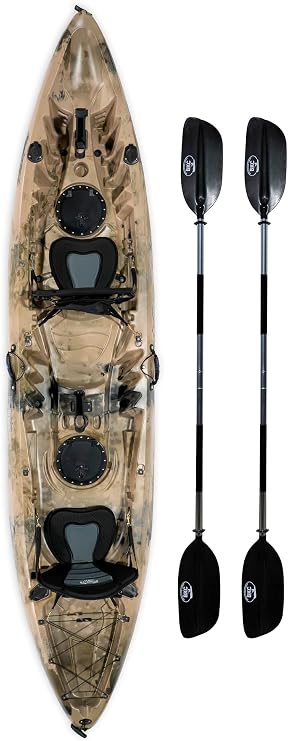 BKC Brooklyn 12.5 Tandem Fishing Kayak, 2 to 3 Person Sit-on-Top | 600 lb capacity, 2 padded seats, 2 paddles, 6 rod holders, motor-ready mount, for lakes, rivers and coastal water