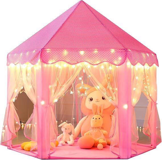 Princess Castle Play Tent for Girls - Large 55'' x 53'' Playhouse with Star Lights for Indoor and Outdoor Play