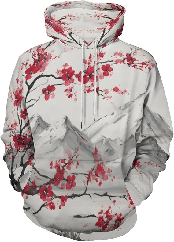 Unisex Japanese Cherry Blossoms Hoodies Women Men Ink Sakura Floral Paint Long Sleeve Pullover Sweatshirt
