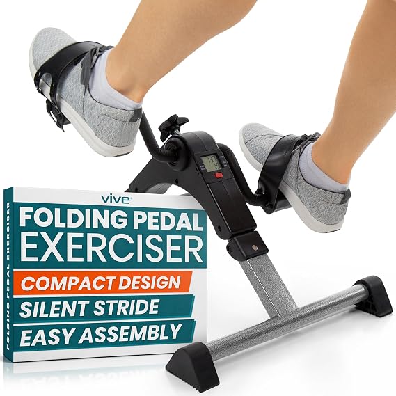 Vive Folding Pedal Exerciser - Under Desk Exercise Bike for Seniors, Elderly - Sit Down Stationary Peddler Equipment for Arm, Leg, Hand, Foot - Mini Floor Bicycle with LCD Display, Adjustable Tension