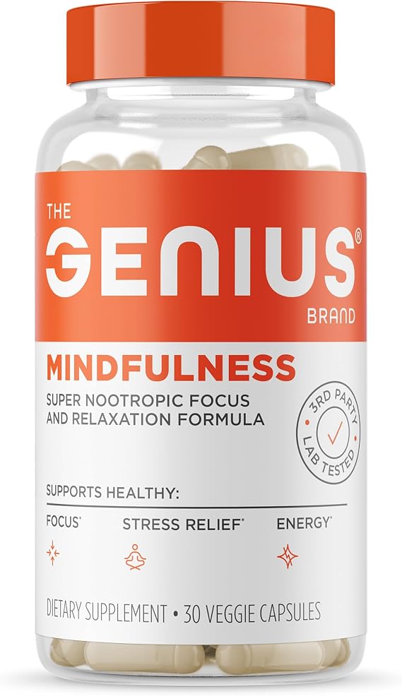 Genius Mindfulness Brain Health Supplement, 30 Veggie Pills | Brain Health Support for Calm, Energy, Memory and Focus with Ashwagandha and NeuroFactor, Non-GMO Capsules