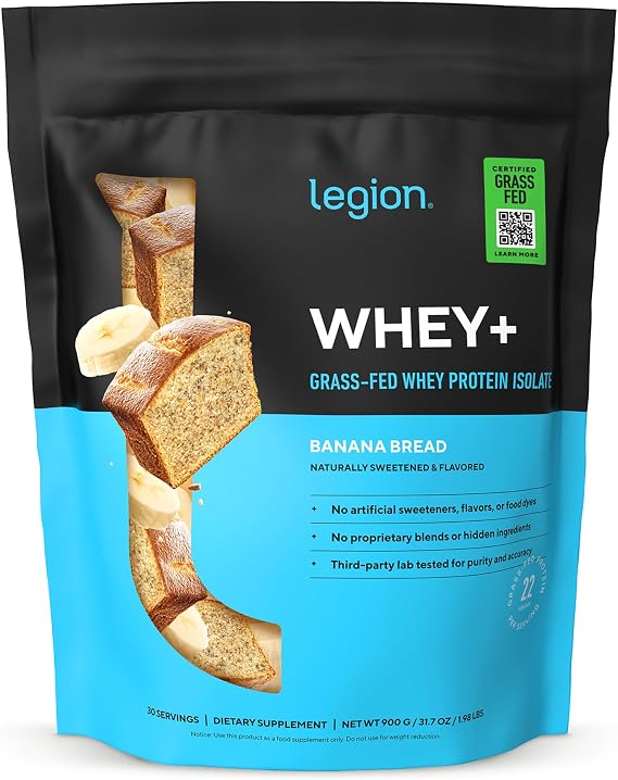 LEGION Whey+ Protein Whey Isolate from Grass Fed Cows (Banana Bread, 30 Servings) - Whey Protein Isolate Powder Low Calorie, Non-GMO, Sugar Free, Lactose and Gluten Free, All Natural Protein Powder