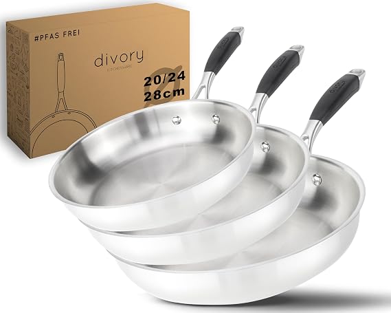 DIVORY Stainless Steel Pan Set 20 24 28 cm - Uncoated Pans without PTFE & PFOA Frying Pans Stainless Steel for Induction & All Types of Hobs Pan Set for Roasted Flavours - Stainless Steel Frying Pan (PURA)