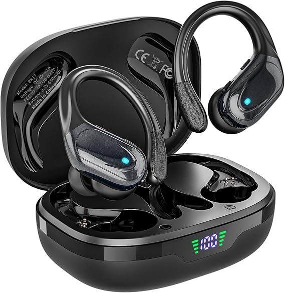 HAOYUYAN Wireless Earbuds, Sports Bluetooth Headphones, 80Hrs Playtime Ear Buds with LED Power Display, Noise Canceling Headset, IPX7 Waterproof Earphones for Workout/Running(Black)