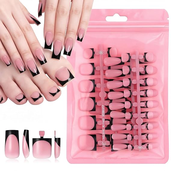 60 Pcs Black French Tip Press on Toe Nails, Medium Square Fake Toenails