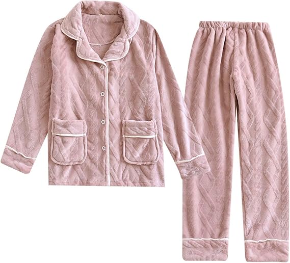 Winter 2 Piece Pajama Set for Women Warm Soft Fleece Button Down Pajamas Sets Womens Thermal Sleepwear