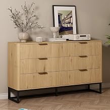 Sideboard Buffet Cabinet with 6 Drawers, 137cm Fluted Storage Cabinet, Modern Coffee Bar Cupboard for Dining Room Living Room Hallway Entryway, Natural Oak (Natural)