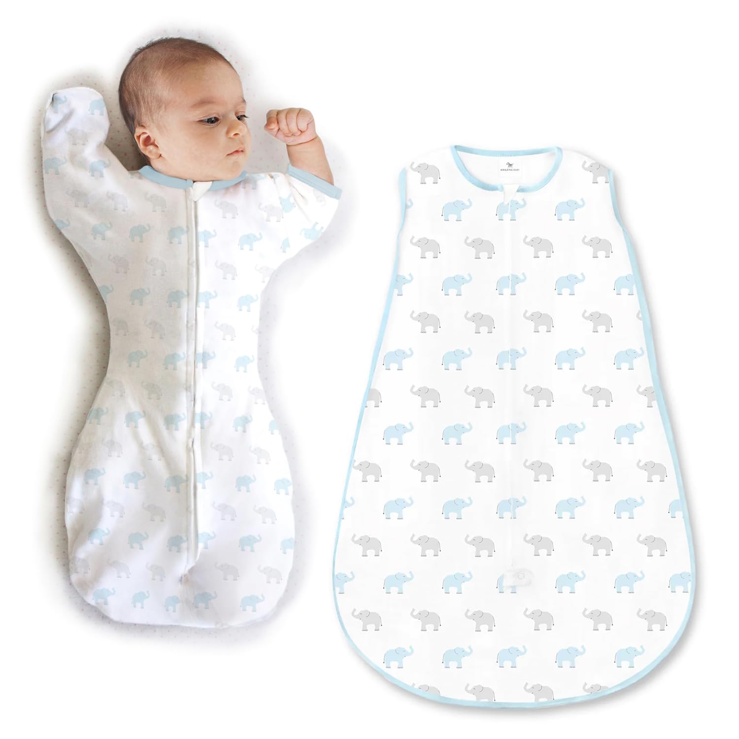 Amazing Baby Sleep Sack Set, Blue  Gray Elephants, 6-9 Mo Transitional Swaddle Sack with Arms Up Half-Length Sleeves & Mitten Cuffs and 6-12 Mo Soft Cotton Knit Sleep Sack with 2-Way Zipper