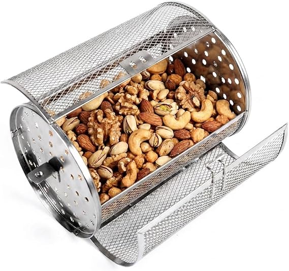 Air Fryer Rotisserie Basket for 1/4 in Rod, Stainless Steel Mesh Drum | Fine mesh and locking door help keep fries, wings, veggies, nuts, and coffee beans contained while rotating