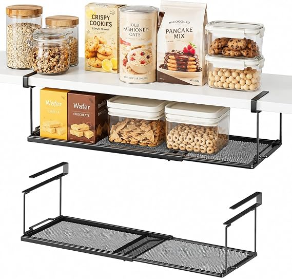 Under Shelf Basket Storage, Expandable Black Metal Cabinet Organizer