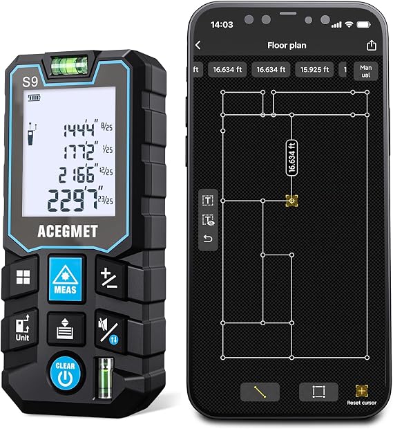 ACEGMET Laser Measure with Phone App, 229ft/70m Laser Measurement Tool with 2 Bubble Levels, LCD Backlit Display, IP54 Waterproof, Pythagorean Mode for Distance, Area, Volume