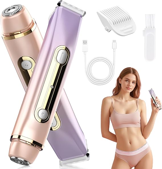 Bikini Trimmer for Women - 2 in 1 Dual Head Bikini Shaver, Painless Electric Razors for Silk Skin, Ceramic Blade, Waterproof Wet & Dry Use Body Hair Removal for Trip(Purple)