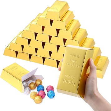 Tobeelec 30 Pcs Gold Bar Fake Gift Box Foil Gold Bar Party Favor Boxes Paper Golden Favor Boxes Treasure Brick for Christmas Party Pirate Casino Theme Party Decorations Candy Treats Chocolate Toys