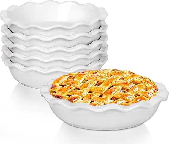 Taeochiy Ceramic Mini Pie Pans, 6.5 Inch Individual Small Pie Pans, 12 Oz Pie Dish Ramekins for Baking Chicken Pot Pie, Quiches, Fruit Pies, Set of 6, White