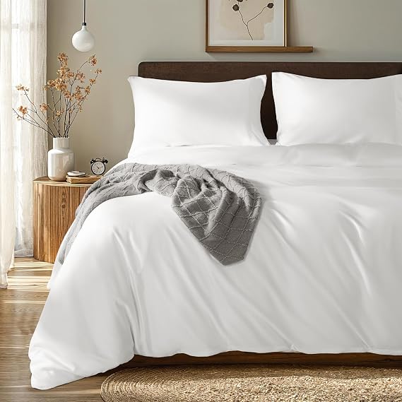 Cotton Tencel King Duvet Covers Set 3pc, Cooling, Breathable, Silky Soft Eucalyptus Lyocell Comforter Cover Hotel Collection Bedding, 1 Duvet Cover and 2 Shams(White,King)