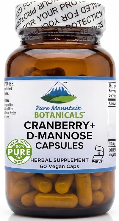 Pure Mountain Botanicals D Mannose with Cranberry Capsules - 60 Count Vegan Kosher - 1000mg D-Mannose for Urinary Tract Health - DMannose 1000mg with Vitamin C for Women and Men