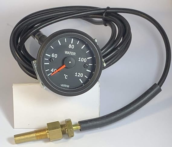 Water Temperature Gauge Mechanical, Black Dial/Black Bezel, 52mm, 40-120C, 72" Capillary, 1/8"-27 NPT
