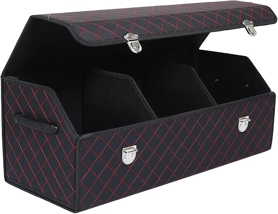 Trunk Organizer with Lid for Car Foldable Storage Box Heavy Duty PU Leather Cargo Organizer for SUV Sedan Waterproof (Red, Large)