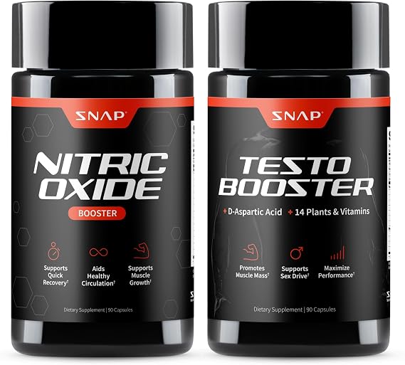 Snap Supplements Nitric Oxide Booster + Testo Booster Supplement Bundle for Men, 90 Vegetarian Capsules Each