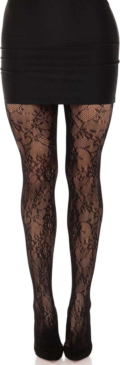 Leg Avenue Garden rose lace tights, O/S, BLACK