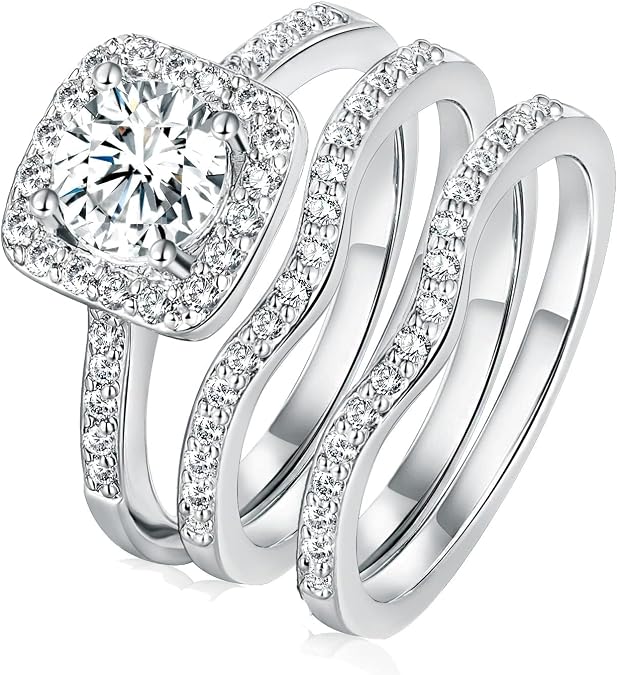 Gemsme 18K Gold Plated Three-in-One Wedding Engagement Eternity Rings Halo Cubic Zirconia Bridal Rings Set