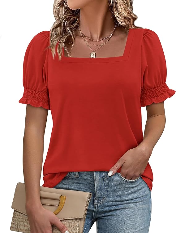 ATHMILE Womens Summer Tops Square Neck Dressy Casual Blouses Ruffle Sleeve Cute Spring Beach Vacation Causal